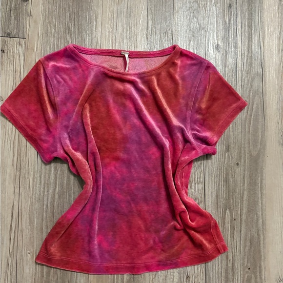 Free People Pink and Red Velvet Short Sleeve Top - Picture 1 of 2